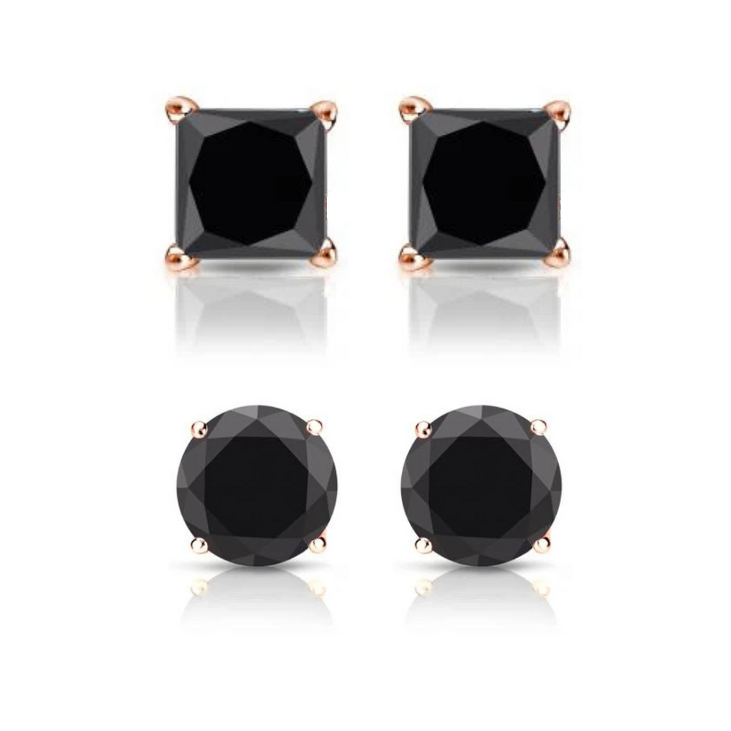 Paris Jewelry 14K Rose Solid Gold Created Black Diamond 1/4Ct, 1/2Ct, 1Ct, 2Ct, 3Ct Round and Princess Stud Earrings 2 Pairs