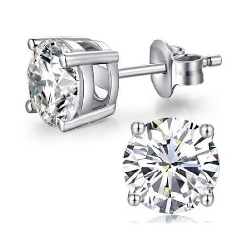 14k White Gold Solitaire Round Cubic Zirconia Stud Earrings with P`ushbacks