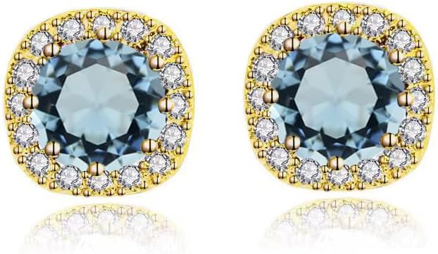 18k Yellow Gold Plated 1/4 Carat Created Halo Round Aquamarine Stud Earrings 4mm