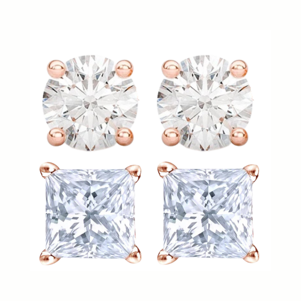 Paris Jewelry 14K Rose Solid Gold Created White Diamond 1/4Ct, 1/2Ct, 1Ct, 2Ct, 3Ct Round and Princess Stud Earrings 2 Pairs