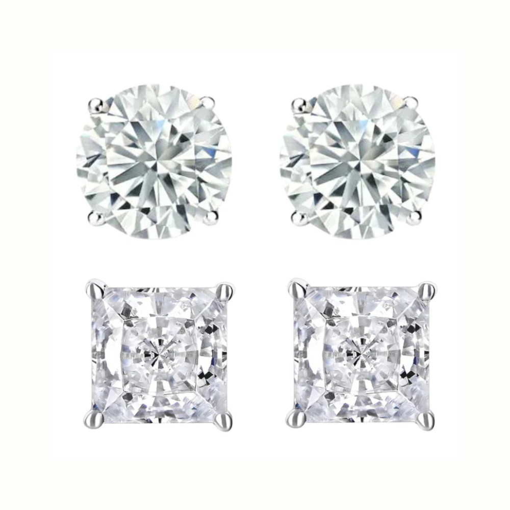 Paris Jewelry 14K White Solid Gold Created White Diamond 1/4Ct, 1/2Ct, 1Ct, 2Ct, 3CT Round and Princess Stud Earrings 2 Pairs