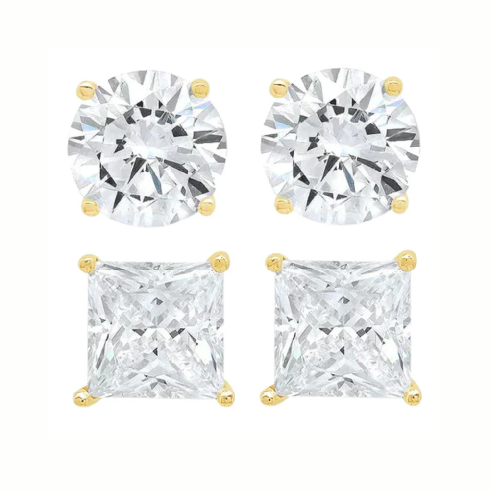 Paris Jewelry 14K Yellow Solid Gold Created White Diamond 1/4Ct, 1/2Ct, 1Ct, 2Ct, 3Ct Round and Princess Stud Earrings 2 Pairs