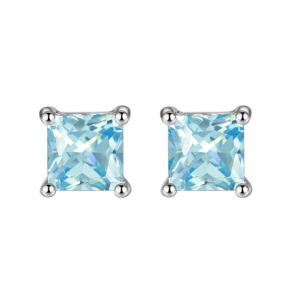 14k White Gold Plated Created Blue Topaz Princess Cut Stud Earrings 6mm