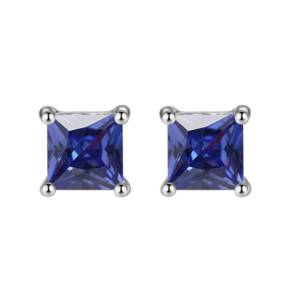 14k White Gold Plated Created Blue Sapphire Princess Cut Stud Earrings 6mm