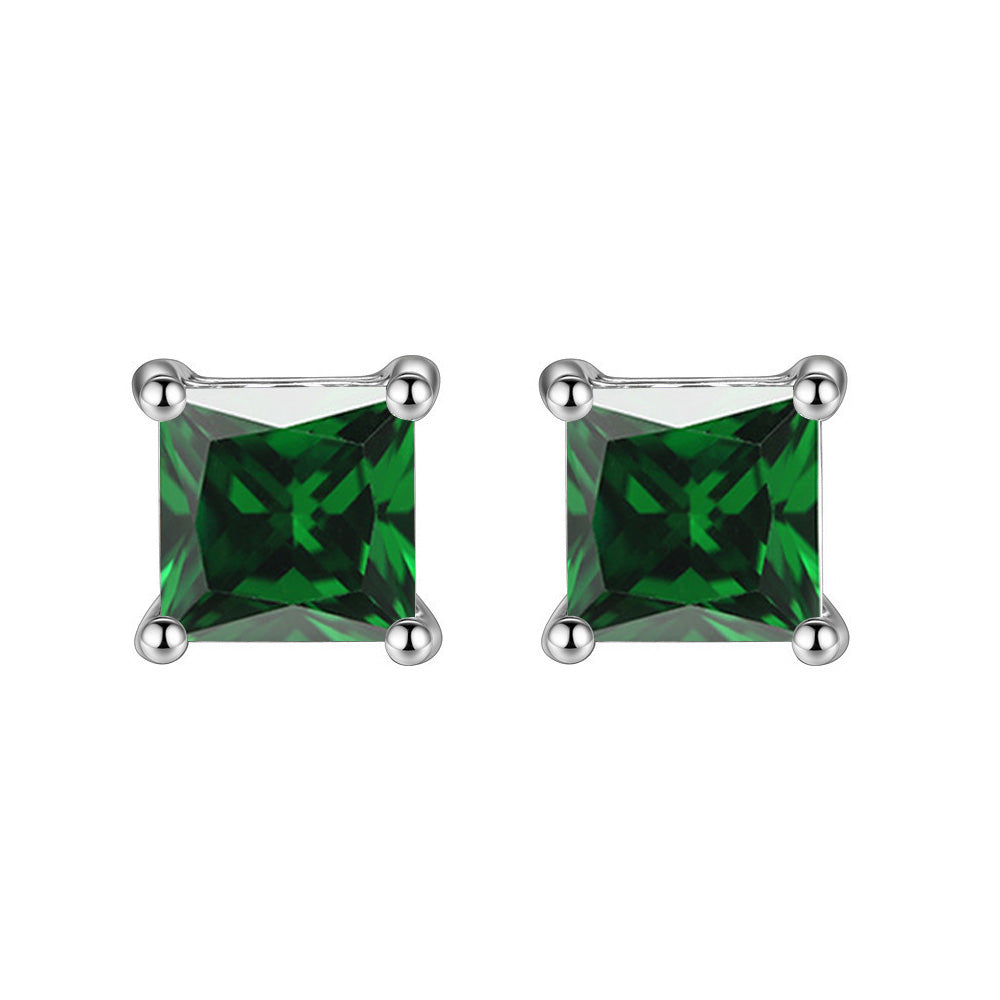 14k White Gold Plated 1 Ct Princess Cut Created Emerald Stud Earrings