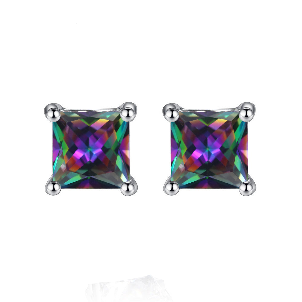 14k White Gold Plated 3 Carat Princess Cut Created Mystic Topaz Stud Earrings