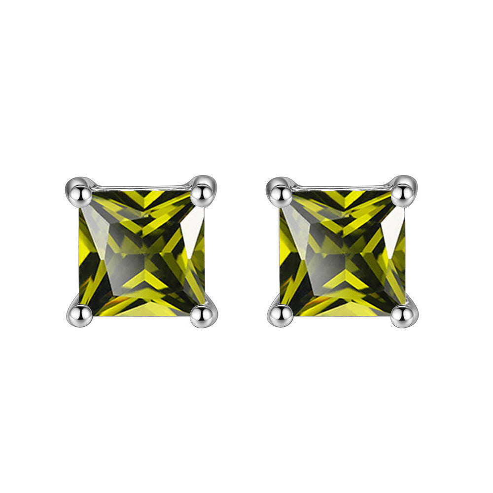 14k White Gold Plated Created Peridot Princess Cut Stud Earrings 6mm