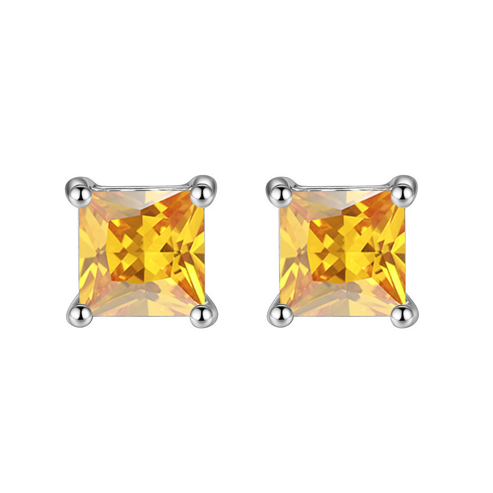 14k White Gold Plated 1 Carat Princess Cut Created Yellow Sapphire Stud Earrings