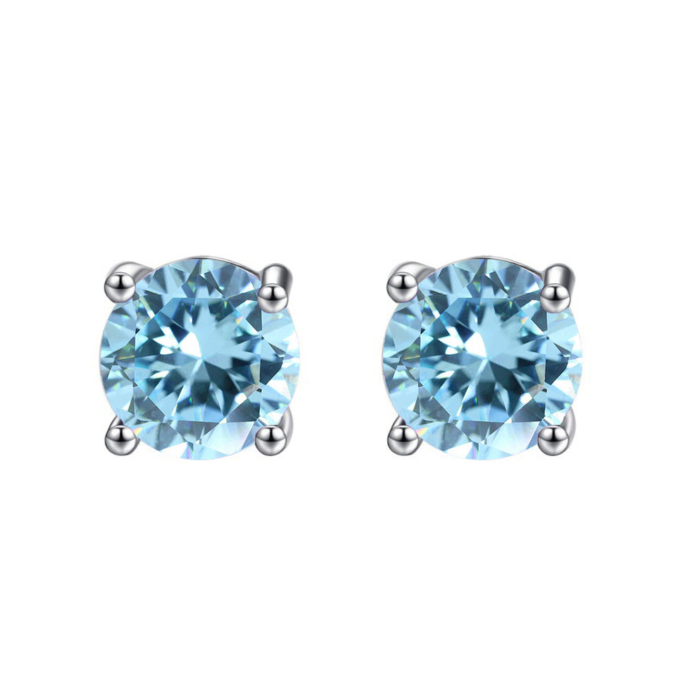 14k White Gold Plated Created Blue Topaz Round Stud Earrings 6mm