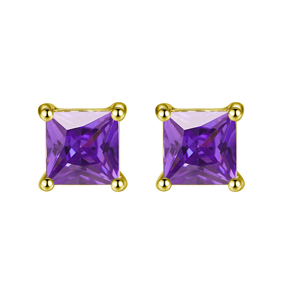 14k Yellow Gold Plated 1 Carat Princess Cut Created Amethyst Sapphire Stud Earrings