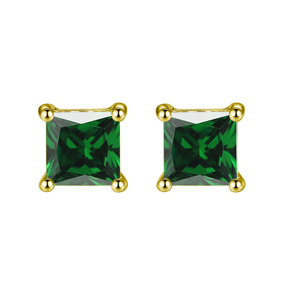 14k Yellow Gold Plated 3 Ct Princess Cut Created Emerald Stud Earrings