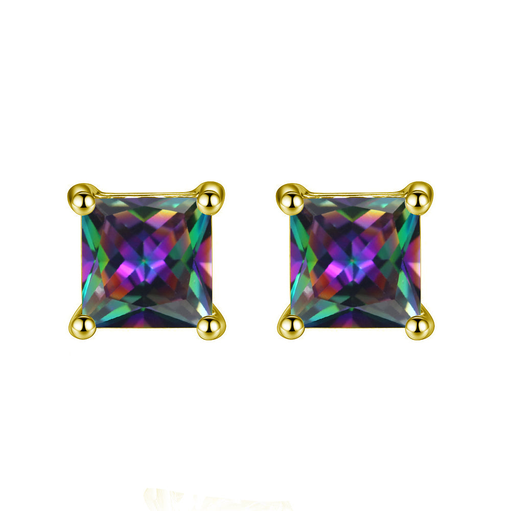 14k Yellow Gold Plated 3 Carat Princess Cut Created Mystic Topaz Stud Earrings