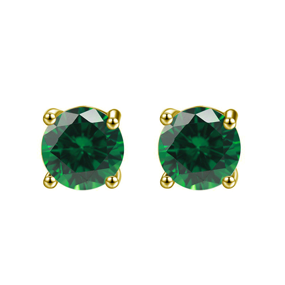 14k Yellow Gold Plated Created Emerald Round Stud Earrings 6mm