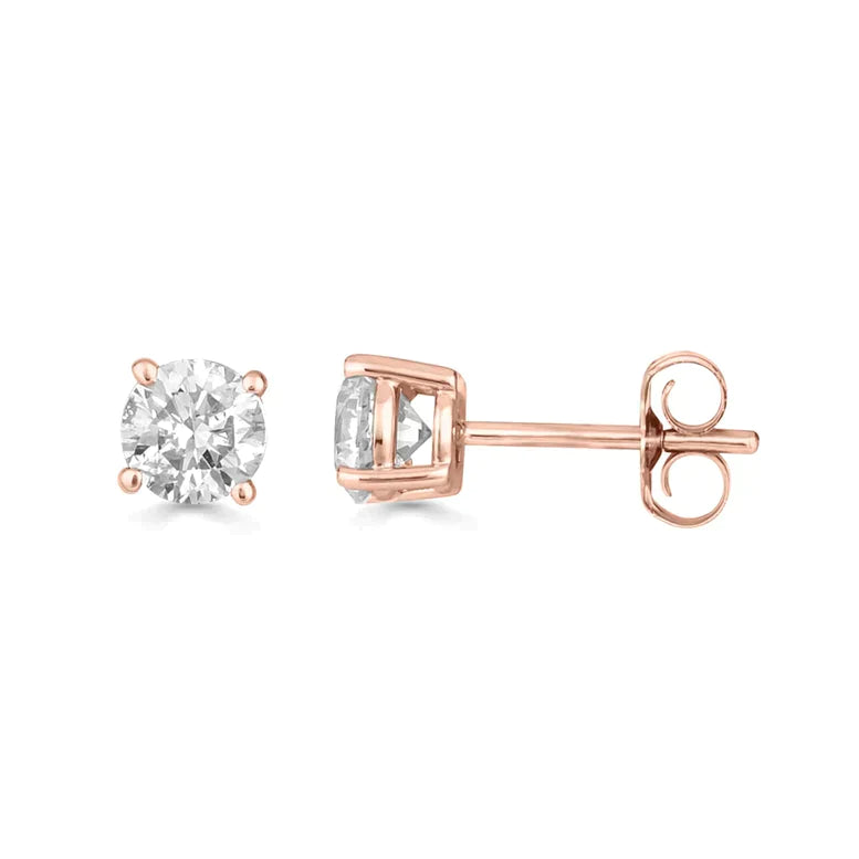 14K Rose Solid Gold Created White Diamond Round Stud Earrings 1/4ct