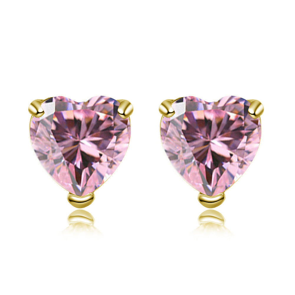 14k Yellow Gold 1Ct Heart Pink Tourmaline Cubic Zirconia Stud Earrings Plated