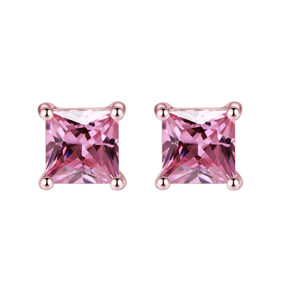 18k Rose Gold 1/4 Ct Pink Sapphire Princess Cut Stud Earrings 4mm Plated