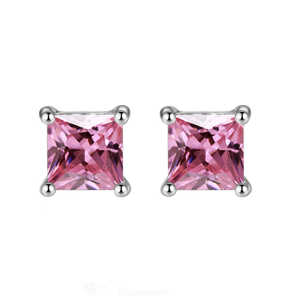 14k White Gold 1Ct Princess Pink Tourmaline Cubic Zirconia Stud Earrings Plated