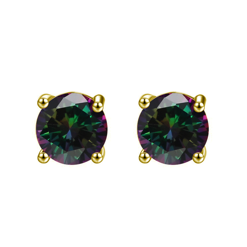 14k Yellow Gold Created Mystic Sapphire Round Stud Earrings 1/3 ct