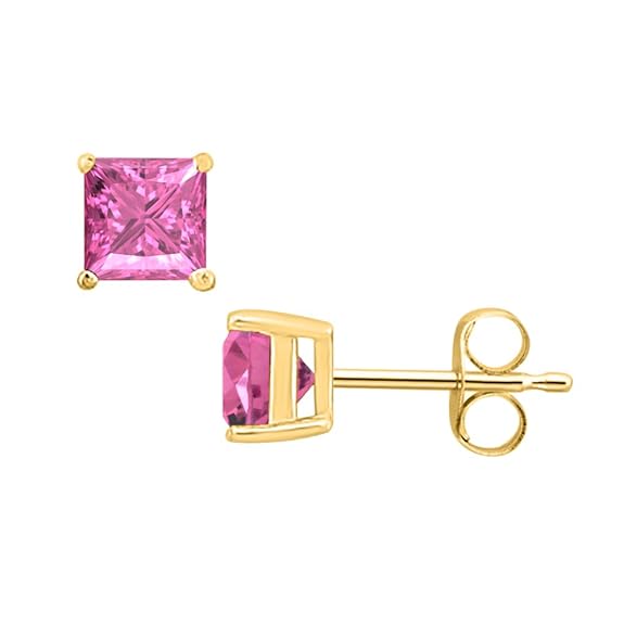 Paris Jewelry 14k Yellow Gold Push Back Princess Created Pink Sapphire Stud Earrings 3mm