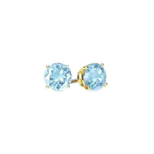 14k Yellow Gold Plated Created Aquamarine Round Stud Earrings 6mm