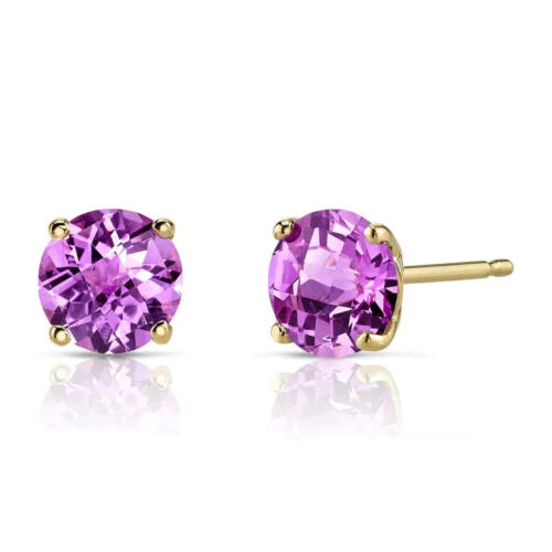 14k Yellow Gold Plated Created Pink Sapphire Round Stud Earrings 6mm