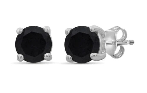 14k White Gold Plated Created Black Sapphire Round Stud Earrings 6mm