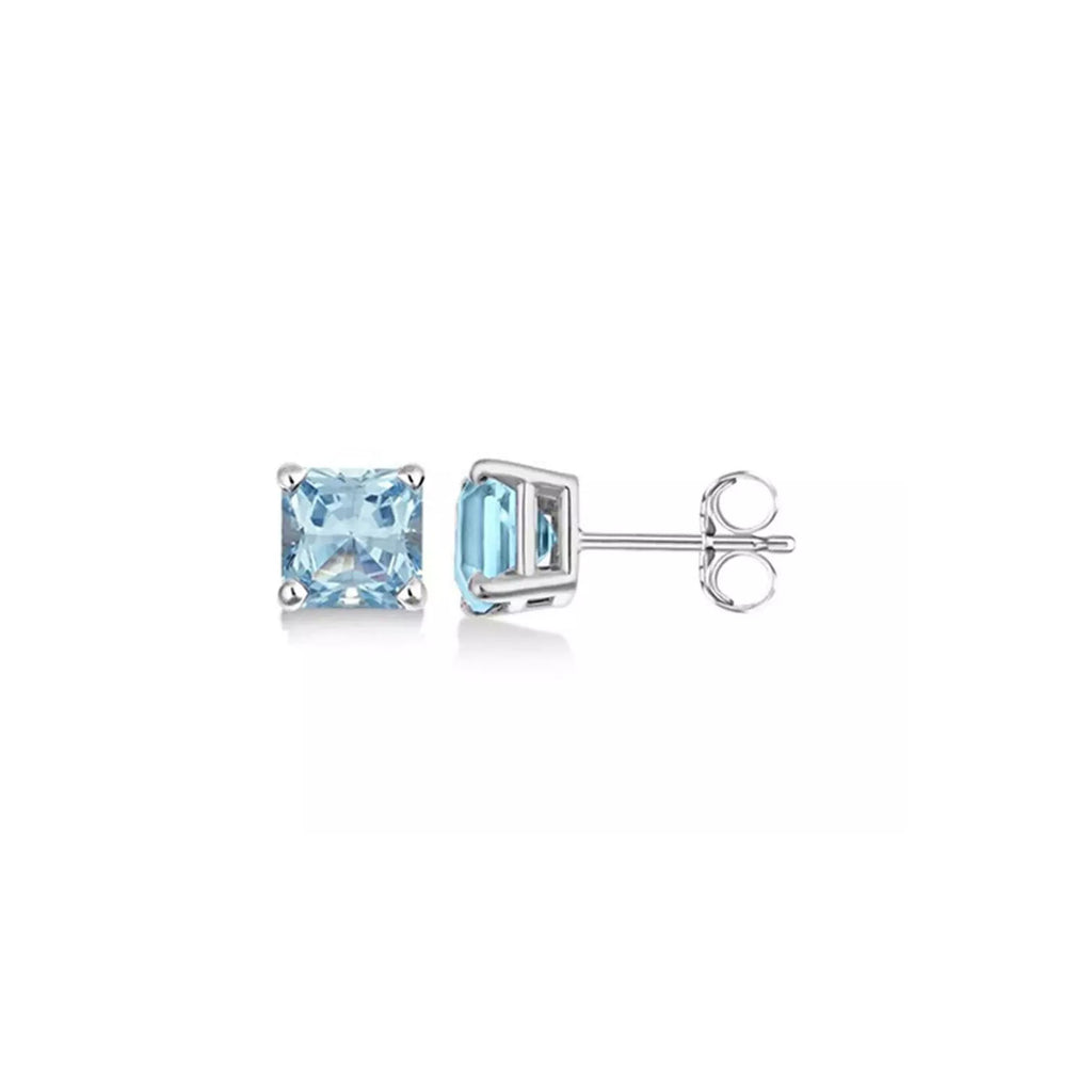 14k White Gold Plated 1/2 Ct Created Light Blue Sapphire Princess Cut Stud Earrings