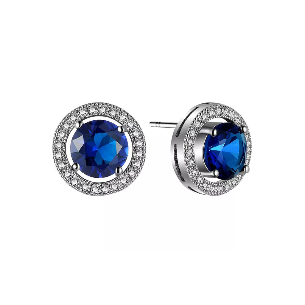 10k White Gold Plated 1 Ct Round Created Blue Crystal Halo Stud Earrings