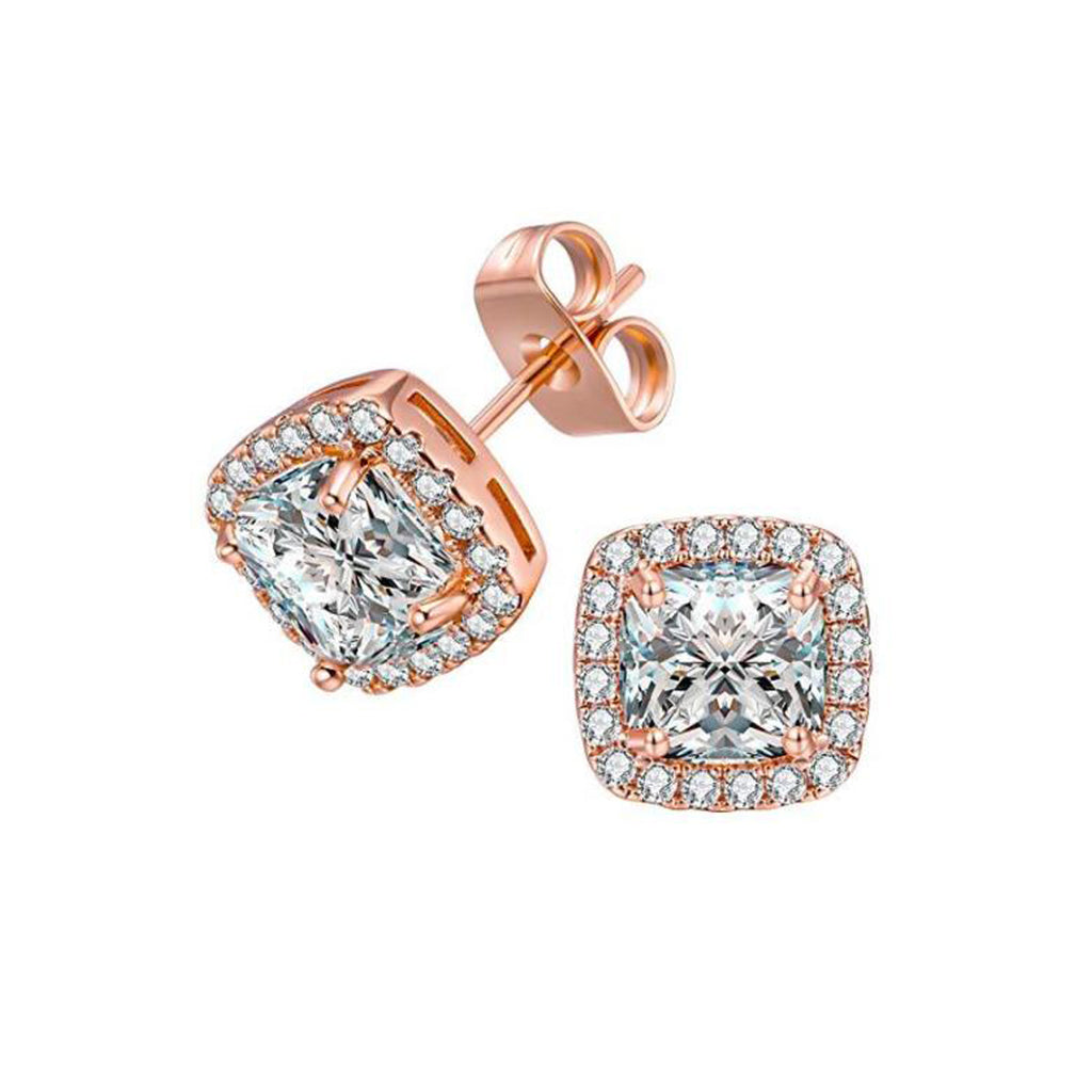 10k Rose Gold Plated 4 Carat White Princess Cut Created Halo Sapphire Stud Earrings