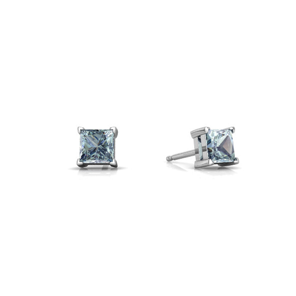 14k White Gold Plated 1 Carat Princess Cut Created Aquamarine Sapphire Stud Earrings