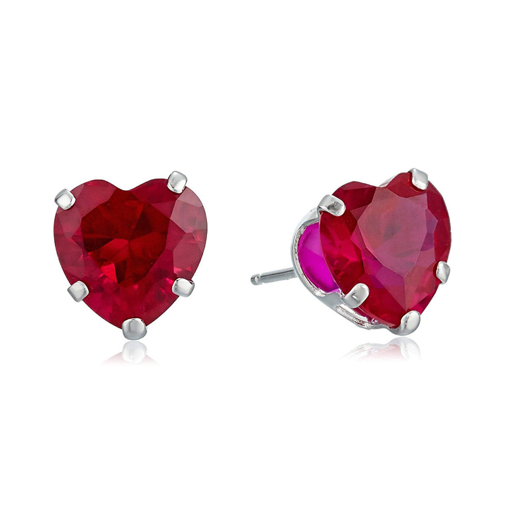 14k White Gold Plated 1 Carat Heart Created Ruby Stud Earrings