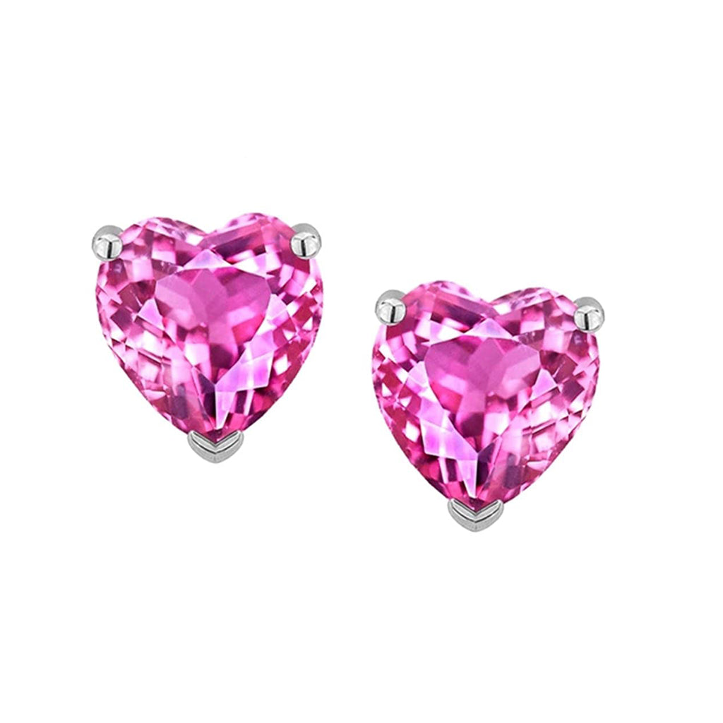 14k White Gold Plated 1 Carat Heart Created Pink Sapphire Stud Earrings