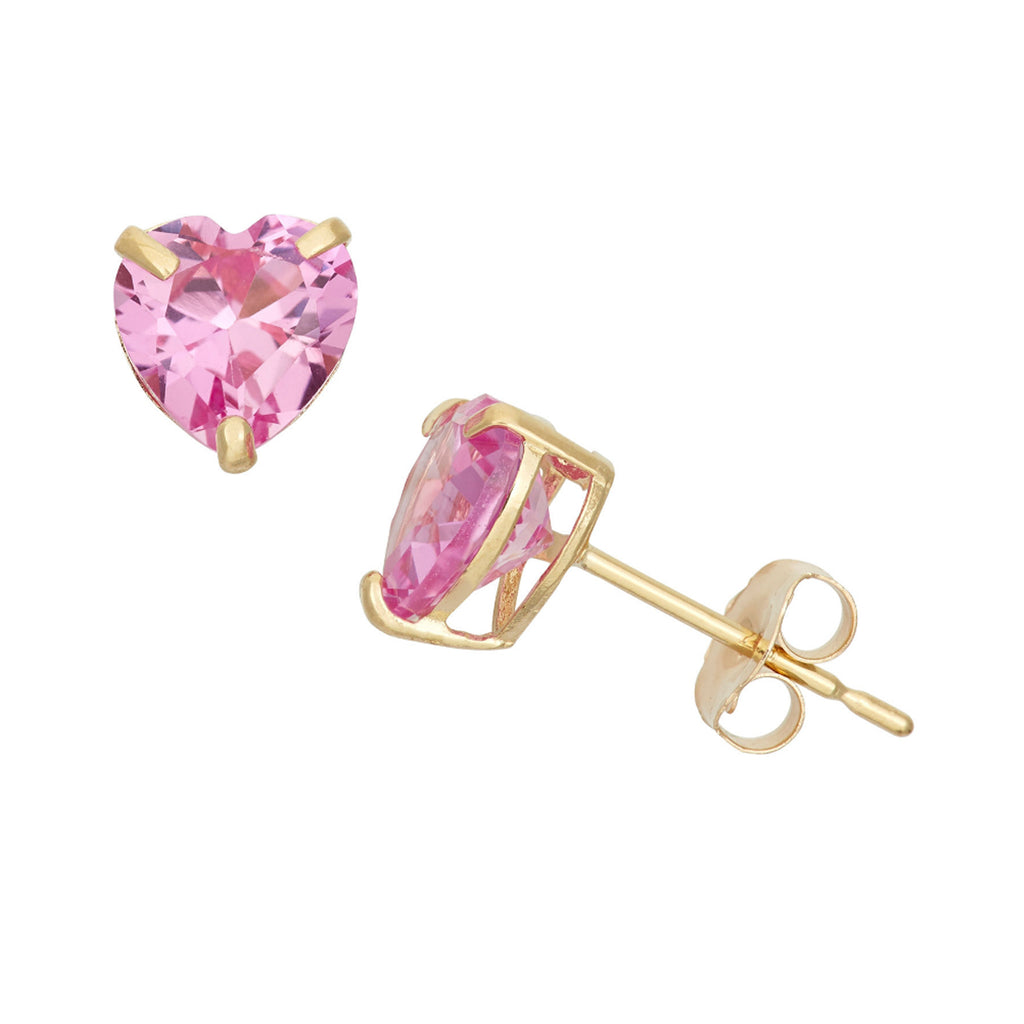 14k Yellow Gold Plated 3 Carat Heart Created Pink Sapphire Stud Earrings