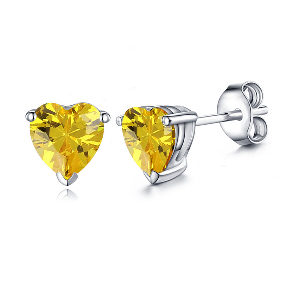 14k White Gold Plated 1/2 Carat Heart Created Yellow Sapphire Stud Earrings