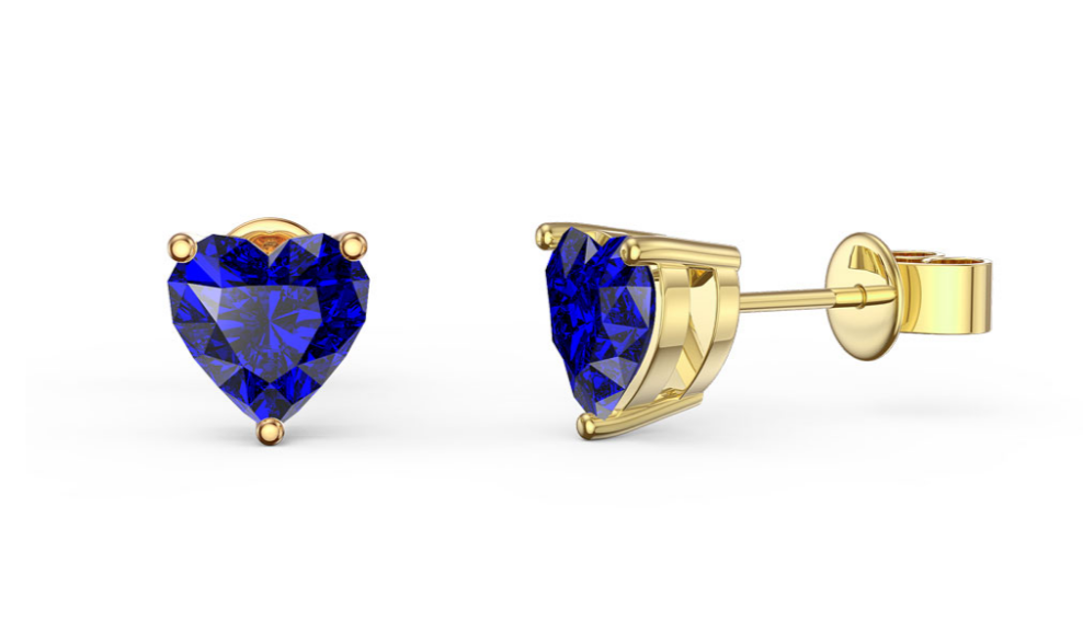 14k Yellow Gold Plated 4 Carat Heart Created Blue Sapphire Stud Earrings