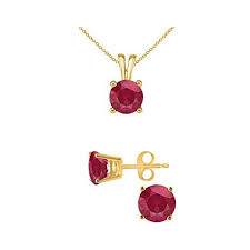 18K Yellow Gold 3ct Ruby Round 18 Inch Necklace and Earrings Set Plated