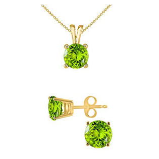 18K Yellow Gold 1ct Peridot Round 18 Inch Necklace and Earrings Set Plated