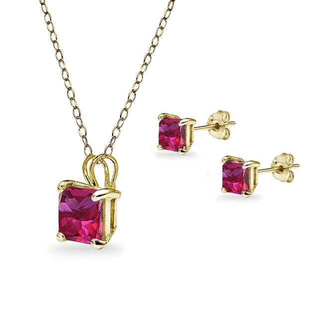 18K Yellow Gold 3ct Ruby Square 18 Inch Necklace and Earrings Set Plated