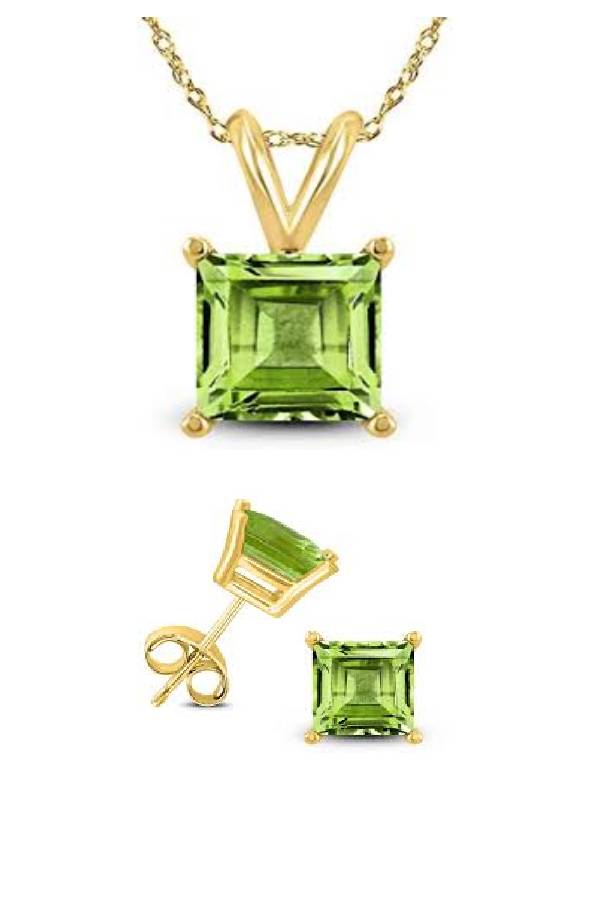 18K Yellow Gold 3ct Peridot Square 18 Inch Necklace and Earrings Set Plated