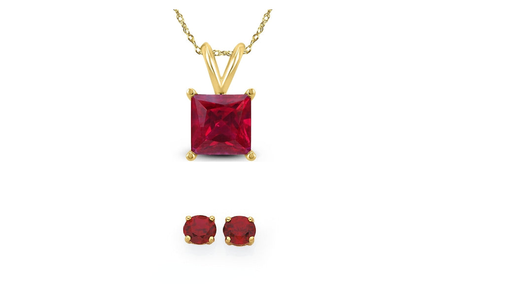 18K Yellow Gold 3ct Ruby Square 18 Inch Necklace and Round Earrings Set Plated