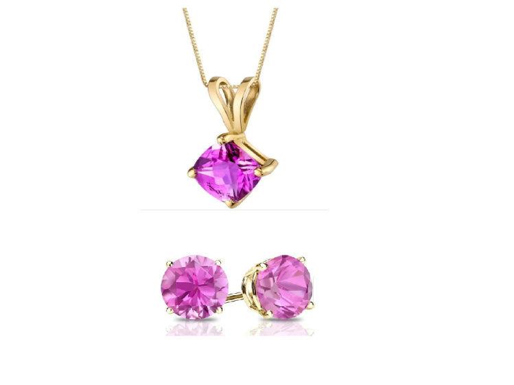 18K Yellow Gold 2ct Pink Sapphire Square 18 Inch Necklace and Round Earrings Set Plated