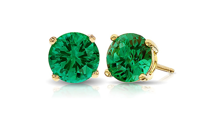 24k Yellow Gold Plated 2 Cttw Emerald Round Stud Earrings