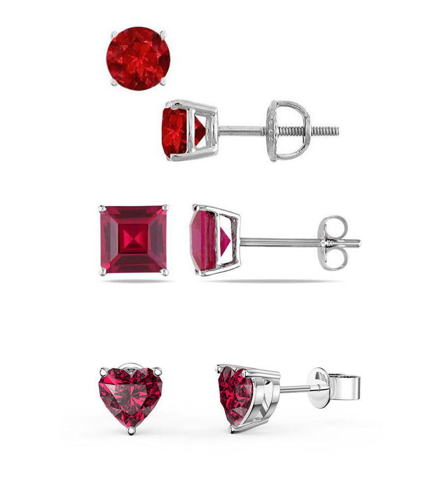 18k White Gold Plated 6mm Created Ruby 3 Pair Round, Square and Heart Stud Earrings