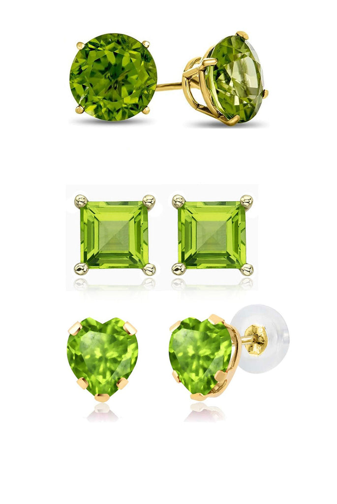 18k Yellow Gold Plated 1Cttw 7mm Created Peridot 3 Pair Round, Square and Heart Stud Earrings