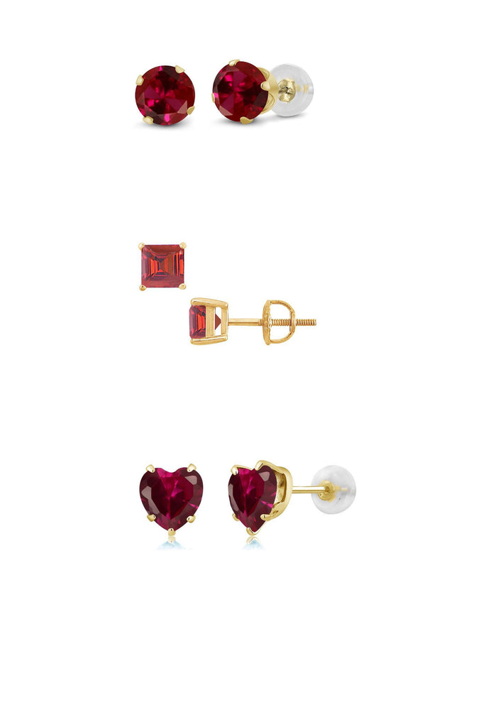 18k Yellow Gold Plated 3Cttw 8mm Created Ruby 3 Pair Round, Square and Heart Stud Earrings