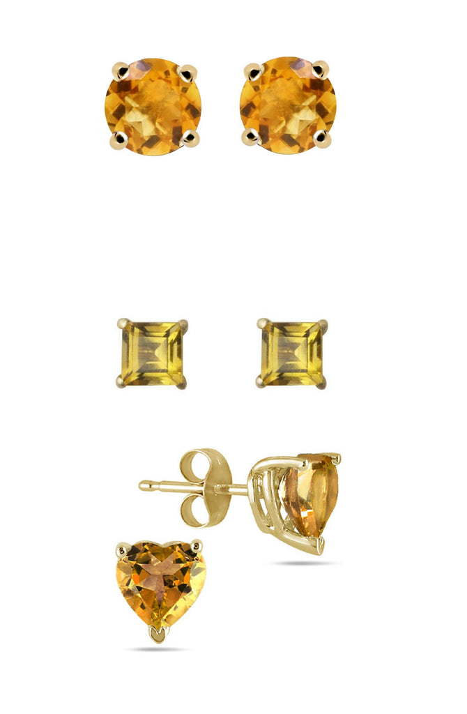 18k Yellow Gold Plated 3Cttw 8mm Created Citrine 3 Pair Round, Square and Heart Stud Earrings