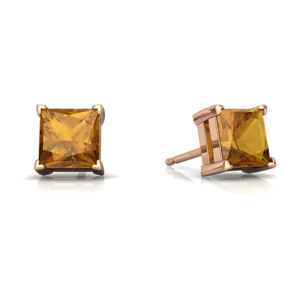 18k Rose Gold 1/2 Ct Citrine Princess Cut Stud Earrings 6mm Plated