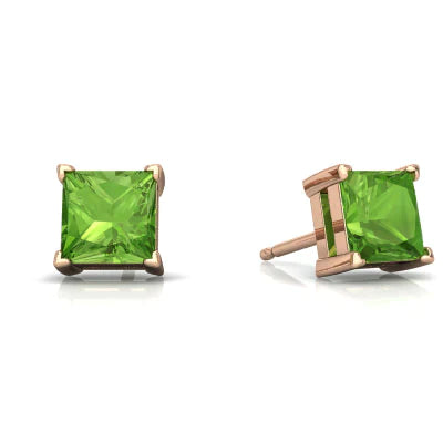 18k Rose Gold 1/4 Ct Peridot Princess Cut Stud Earrings 4mm Plated