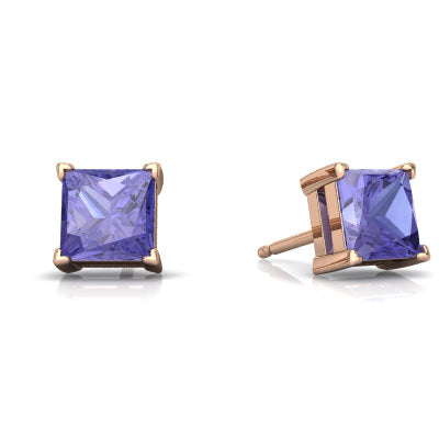 24k Rose Gold Plated 2 Cttw Tanzanite Princess Cut Stud Earrings