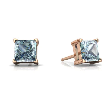 18k Rose Gold 1/2 Ct Aquamarine Princess Cut Stud Earrings 6mm Plated